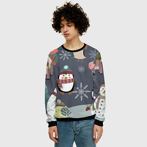 Мужской свитшот НОВОГОДНИЙ ПАТТЕРН ЖИВОТНЫЕ / 3D-Черный – фото 3