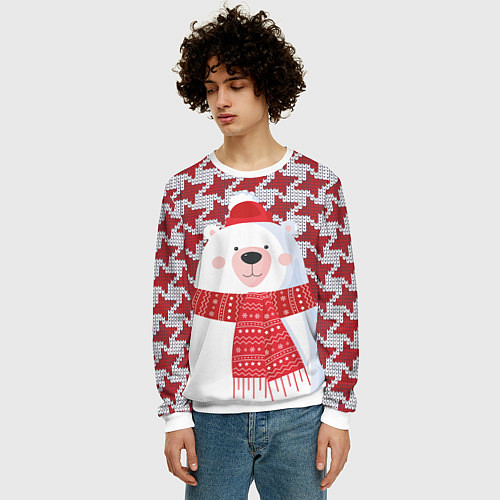 Мужской свитшот Белый мишка в шапочке и шарфе / 3D-Белый – фото 3