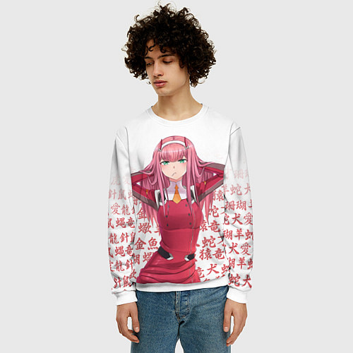 Мужской свитшот 02 ZERO TWO DARLING IN THE FRANXX ИЕРОГЛИФЫ / 3D-Белый – фото 3