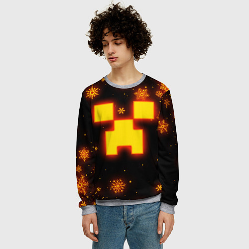 Мужской свитшот НОВОГОДНИЙ ОГНЕННЫЙ КРИПЕР CREEPER FIRE / 3D-Меланж – фото 3