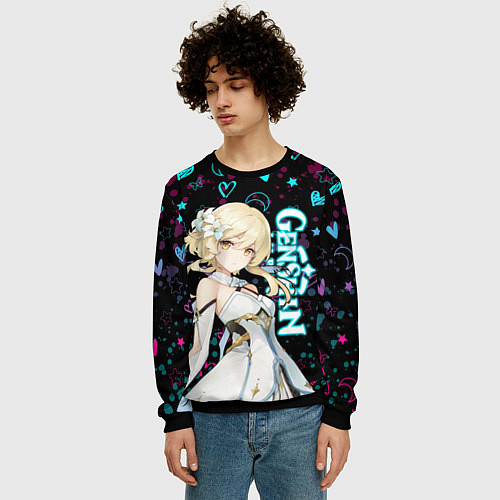 Мужской свитшот ГЕНШИН ИМПАКТ ЛЮМИН, НЕОНОВЫЕ СЕРДЕЧКИ / 3D-Черный – фото 3