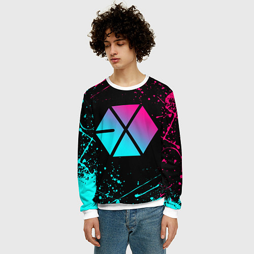 Мужской свитшот EXO BAND NEON LOGO НЕОНОВЫЕ БРЫЗГИ КРАСОК / 3D-Белый – фото 3