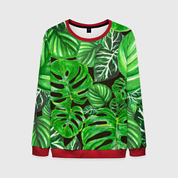 Свитшот мужской Тропические листья на темном фоне, цвет: 3D-красный