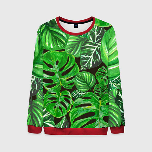 Мужской свитшот Тропические листья на темном фоне / 3D-Красный – фото 1