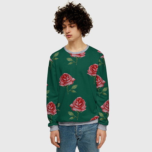 Мужской свитшот Ярко красные розы на темно-зеленом фоне / 3D-Меланж – фото 3