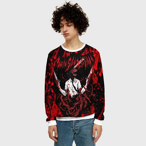 Мужской свитшот Человек бензопила в крови Chainsaw Man / 3D-Белый – фото 3