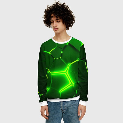 Мужской свитшот 3D ПЛИТЫ НЕОН NEON GREEN HEXAGON РАЗЛОМ / 3D-Белый – фото 3