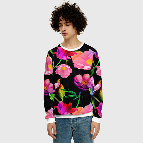 Мужской свитшот Цветочный узор Floral pattern / 3D-Белый – фото 3