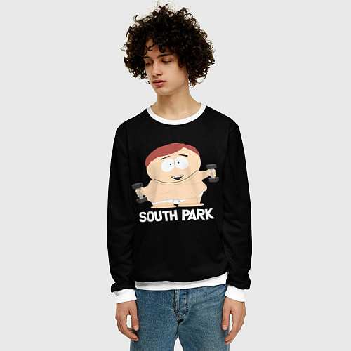 Мужской свитшот Южный парк - Эрик с гантелями / 3D-Белый – фото 3