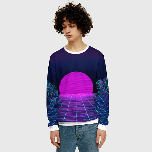 Мужской свитшот Закат розового солнца Vaporwave Психоделика / 3D-Белый – фото 3