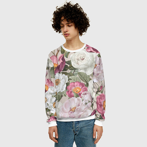 Мужской свитшот Цветы Розовый Сад Пион и Роз / 3D-Белый – фото 3