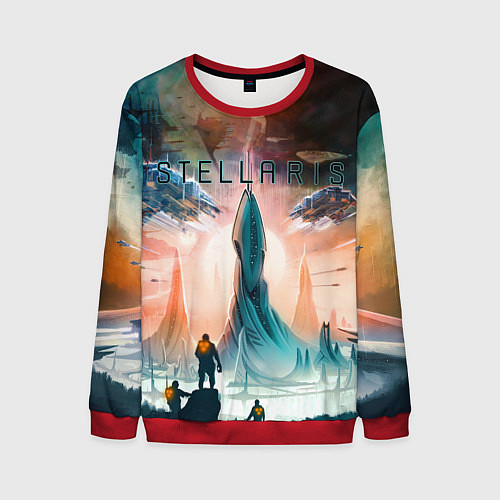 Мужской свитшот Stellaris космические корабли на фоне башни / 3D-Красный – фото 1