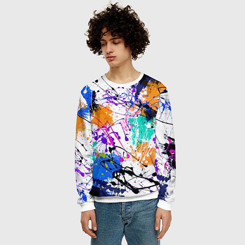 Мужской свитшот Брызги и мазки разноцветных красок на белом фоне / 3D-Белый – фото 3