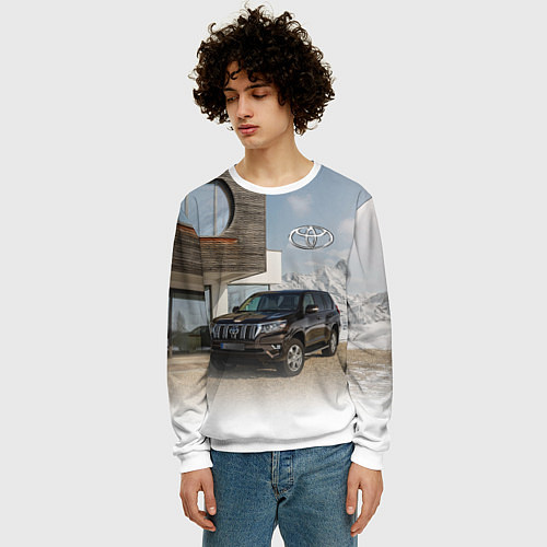 Мужской свитшот Тoyota Land Cruiser Prado у горного коттеджа Mount / 3D-Белый – фото 3