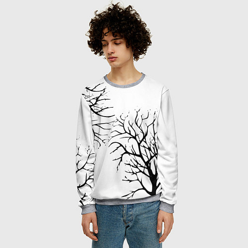 Мужской свитшот Черные ветки деревьев на белом фоне / 3D-Меланж – фото 3