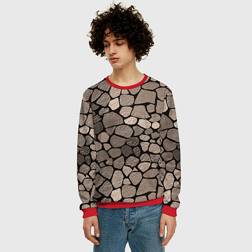 Мужской свитшот Черно-коричневая текстура камня / 3D-Красный – фото 3