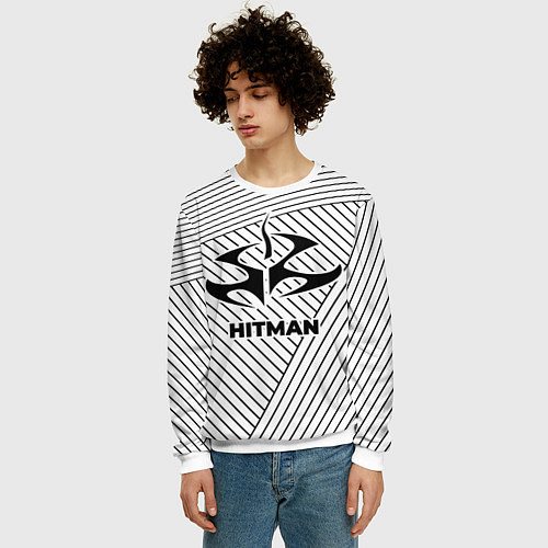 Мужской свитшот Символ Hitman на светлом фоне с полосами / 3D-Белый – фото 3