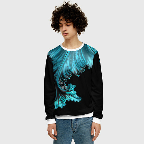 Мужской свитшот Черный с голубым неоновый фрактал Ледяная абстракц / 3D-Белый – фото 3