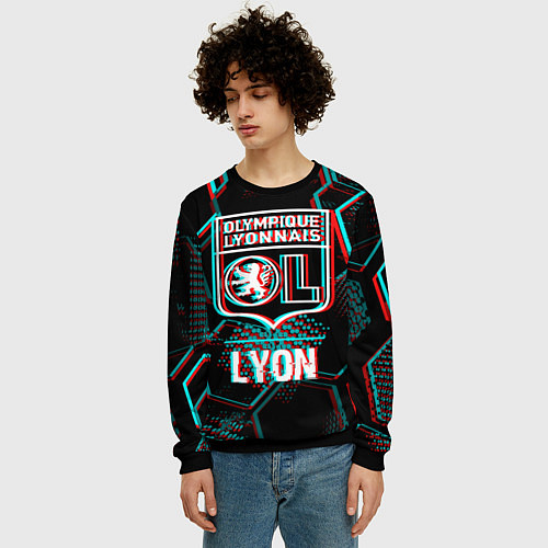 Мужской свитшот Lyon FC в стиле Glitch на темном фоне / 3D-Черный – фото 3