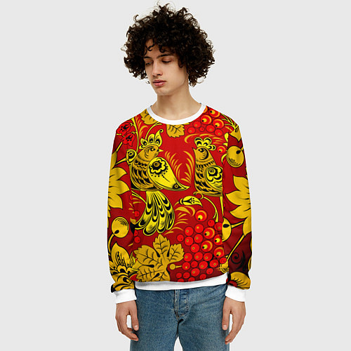 Мужской свитшот Хохломская Роспись Две Птици На Красном Фоне / 3D-Белый – фото 3