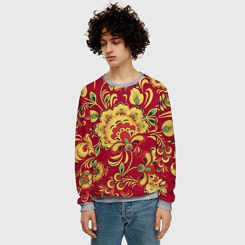 Мужской свитшот Хохломская Роспись Цветы На красном Фоне / 3D-Меланж – фото 3