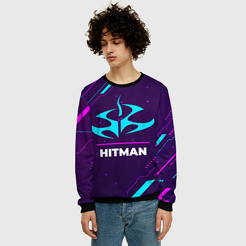 Мужской свитшот Символ Hitman в неоновых цветах на темном фоне / 3D-Черный – фото 3