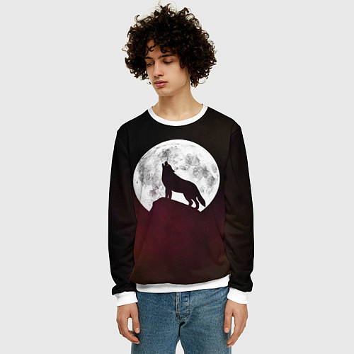 Мужской свитшот Волк и луна Wolf and moon / 3D-Белый – фото 3