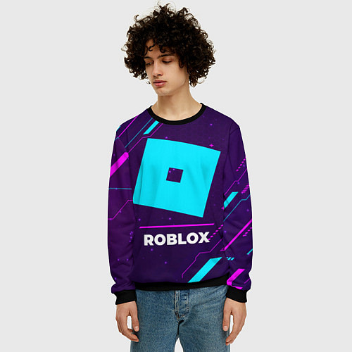 Мужской свитшот Символ Roblox в неоновых цветах на темном фоне / 3D-Черный – фото 3