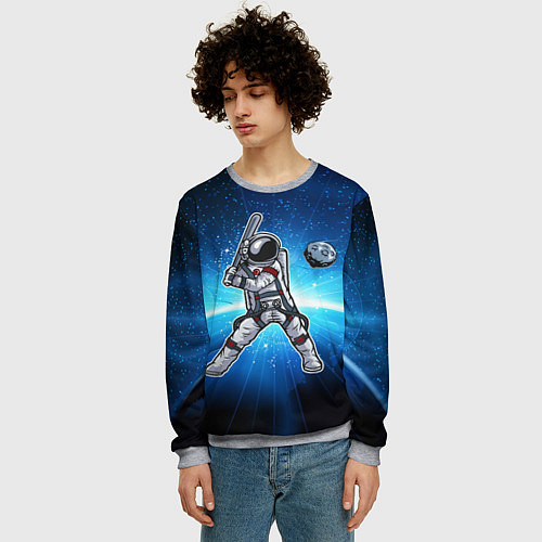 Мужской свитшот Космонавт играет в бейсбол планетой / 3D-Меланж – фото 3