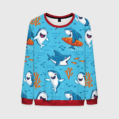 Мужской свитшот Прикольные акулята - паттерн / 3D-Красный – фото 1
