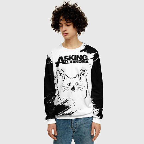 Мужской свитшот Asking Alexandria рок кот на светлом фоне / 3D-Белый – фото 3