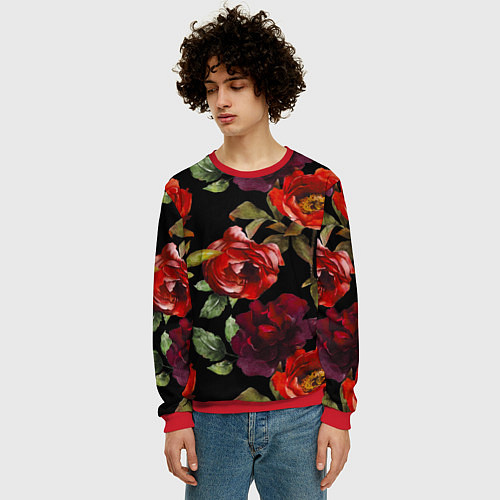 Мужской свитшот Цветы Нарисованные Розы На Чёрном Фоне / 3D-Красный – фото 3