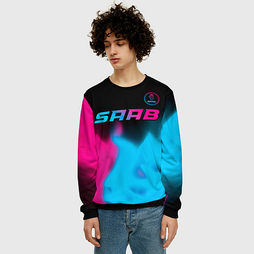 Мужской свитшот Saab - neon gradient: символ сверху / 3D-Черный – фото 3