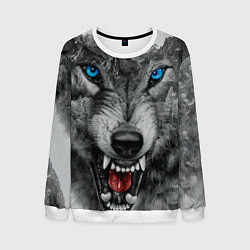 Свитшот мужской Агрессивный волк с синими глазами, цвет: 3D-белый