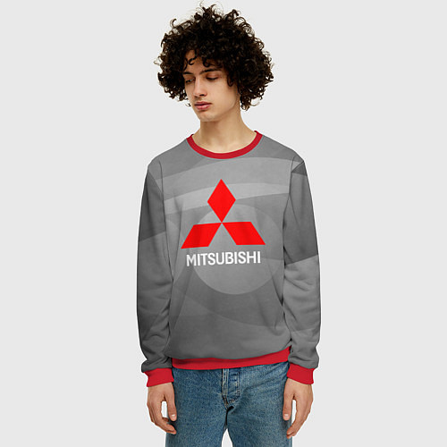 Мужской свитшот Mitsubishi - серая с кружочками абстракция / 3D-Красный – фото 3