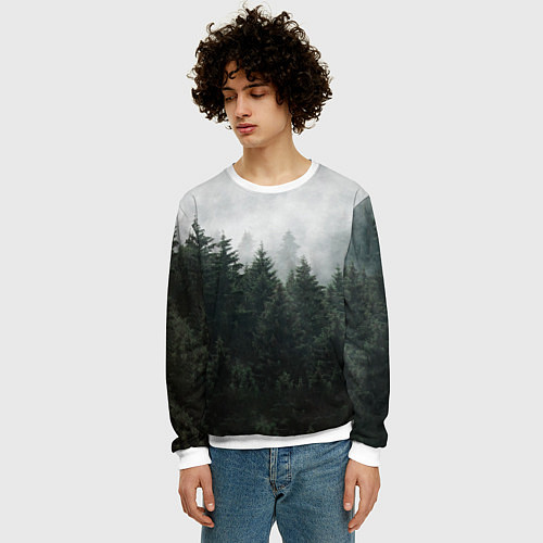 Мужской свитшот Туманный хвойный лес / 3D-Белый – фото 3