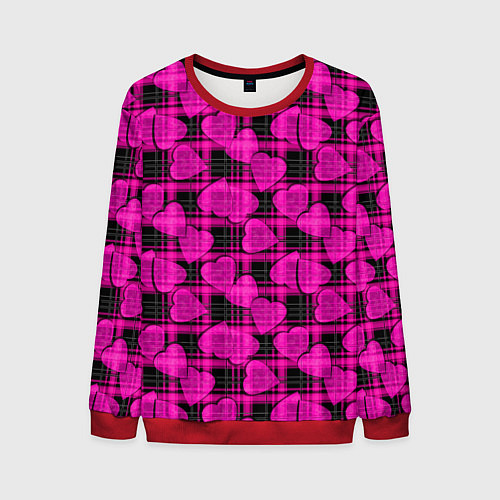 Мужской свитшот Black and pink hearts pattern on checkered / 3D-Красный – фото 1