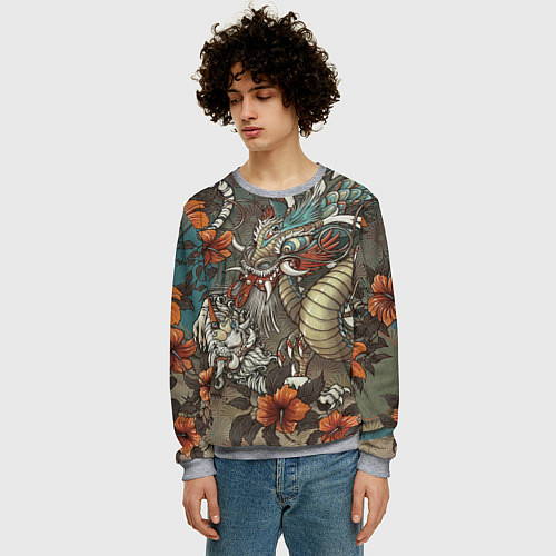 Мужской свитшот Тигр и дракон мифические / 3D-Меланж – фото 3