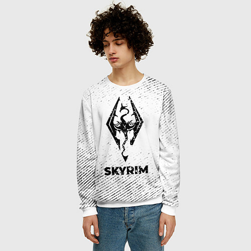 Мужской свитшот Skyrim с потертостями на светлом фоне / 3D-Белый – фото 3