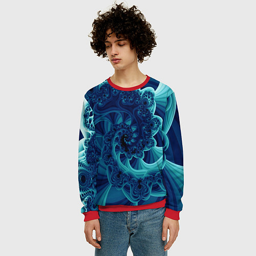 Мужской свитшот Закрученный синий фрактал / 3D-Красный – фото 3
