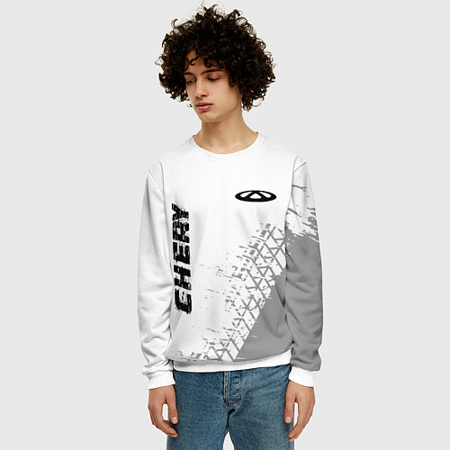 Мужской свитшот Chery speed на светлом фоне со следами шин: надпис / 3D-Белый – фото 3