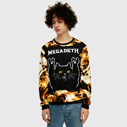 Мужской свитшот Megadeth рок кот и огонь / 3D-Черный – фото 3
