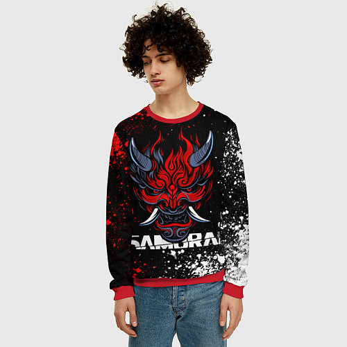 Мужской свитшот Маска Они - Киберпанк 2077 - Samurai / 3D-Красный – фото 3