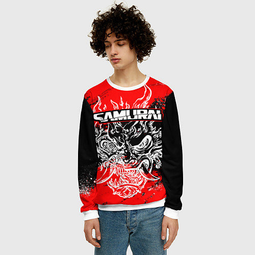 Мужской свитшот Самурай - Маска Они - киберпанк / 3D-Белый – фото 3