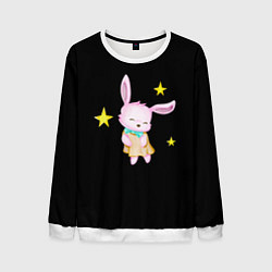 Свитшот мужской Крольчонок танцует со звёздами на чёрном фоне, цвет: 3D-белый