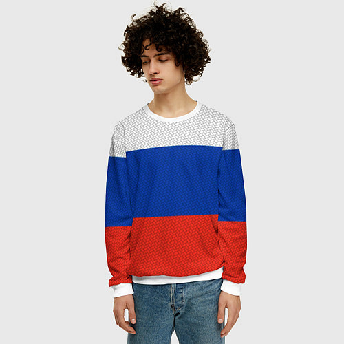 Мужской свитшот Триколор - флаг России плетёный / 3D-Белый – фото 3