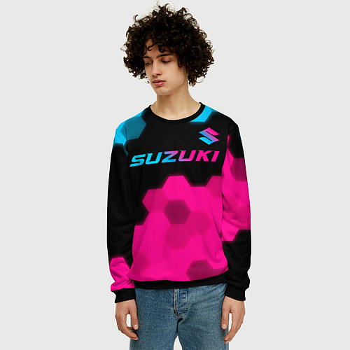 Мужской свитшот Suzuki - neon gradient: символ сверху / 3D-Черный – фото 3