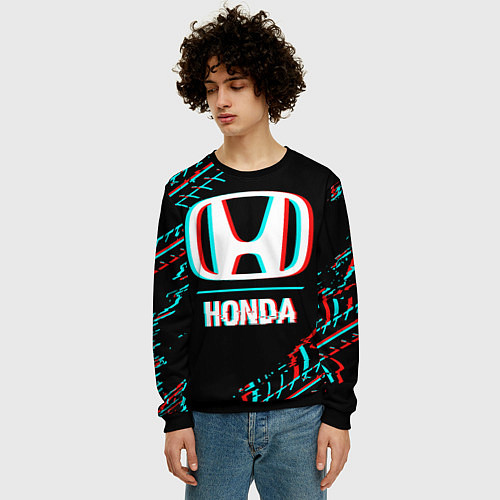 Мужской свитшот Значок Honda в стиле glitch на темном фоне / 3D-Черный – фото 3