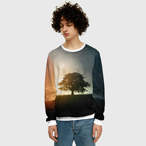 Мужской свитшот Раскидистое дерево на фоне звёздного неба / 3D-Белый – фото 3