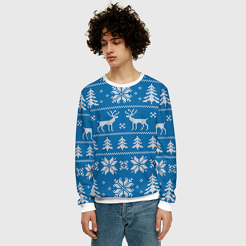Мужской свитшот Рождественский синий свитер с оленями / 3D-Белый – фото 3
